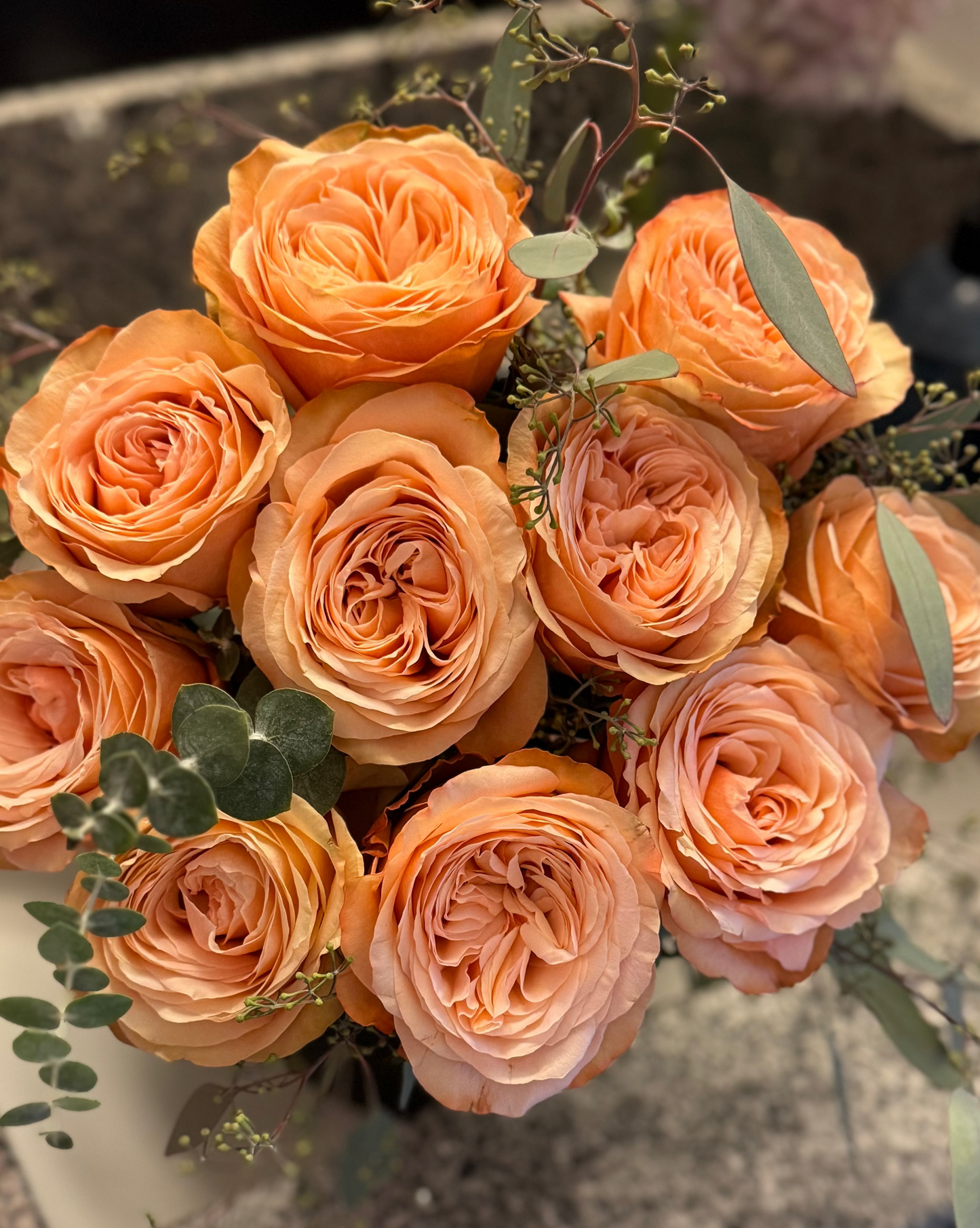 Ready. Peach. 10 roses with eucalyptus.